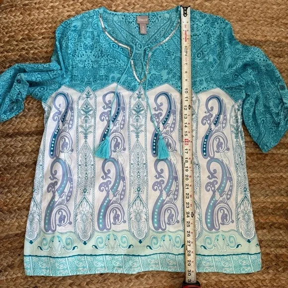 Chicos XL (Size 3) Blue Turquoise Tunic Top with Sequin Detail at Neckline - Picture 7 of 8